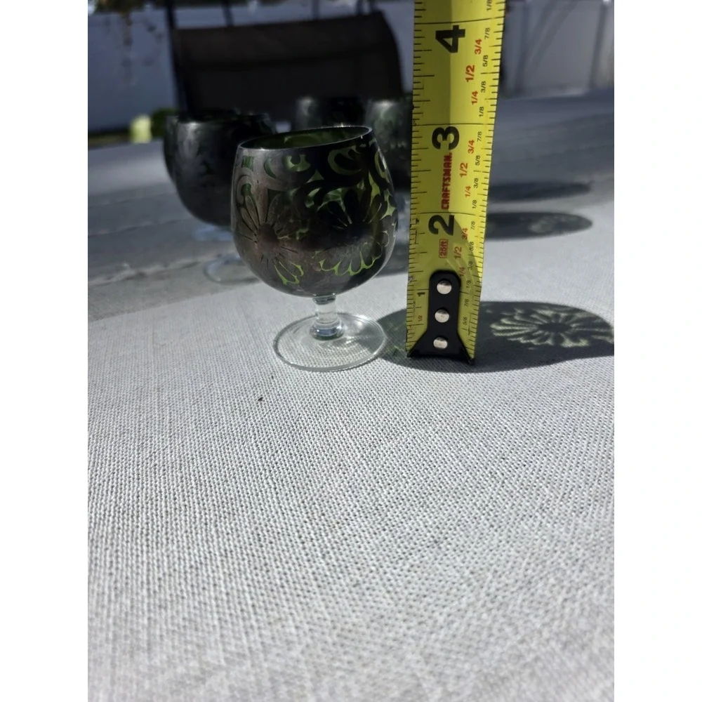 VTG Green Silver Overlay Cordial‎ Liqueuer Glasses Set of 6 Stemware 3